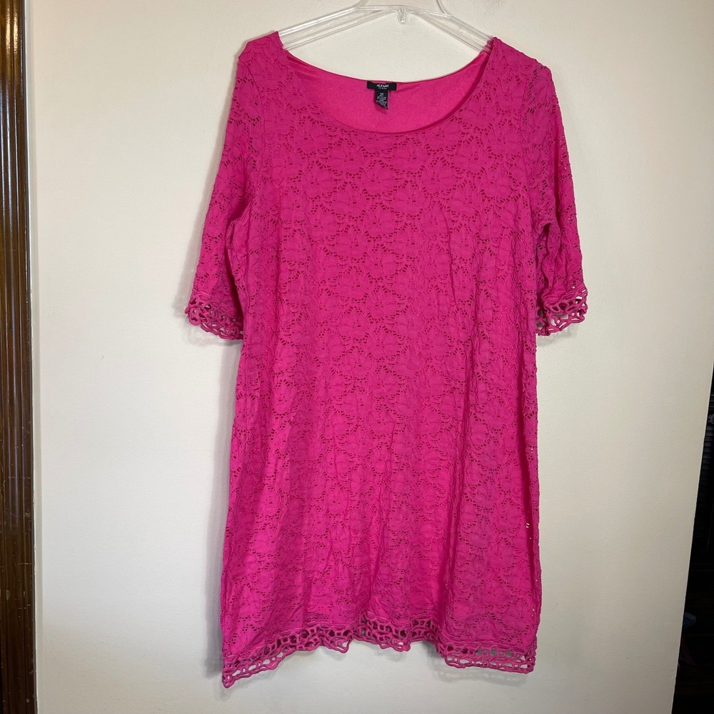 Alfani Woman Fuchsia Pink Floral Lace Shift Dress Crochet Trim Plus Size 3X